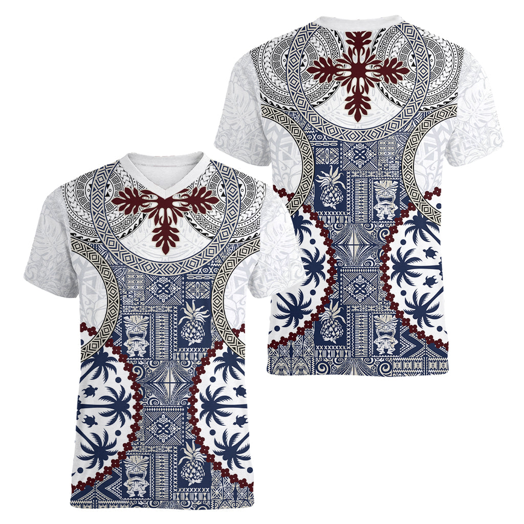 Hawaii Women V Neck T Shirt Barkcloth Pattern Vintage Style LT05 - Polynesian Pride