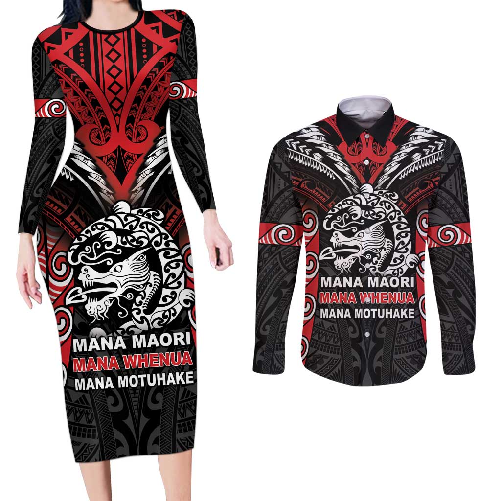Aotearoa Mana Maori Couples Matching Long Sleeve Bodycon Dress and Long Sleeve Button Shirt Toitu Te Tiriti