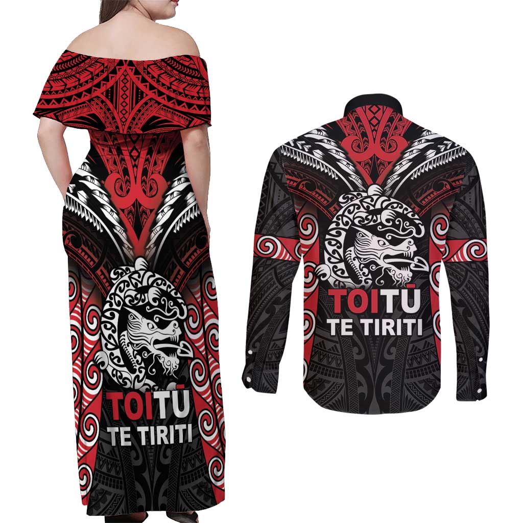 Aotearoa Mana Maori Couples Matching Off Shoulder Maxi Dress and Long Sleeve Button Shirt Toitu Te Tiriti