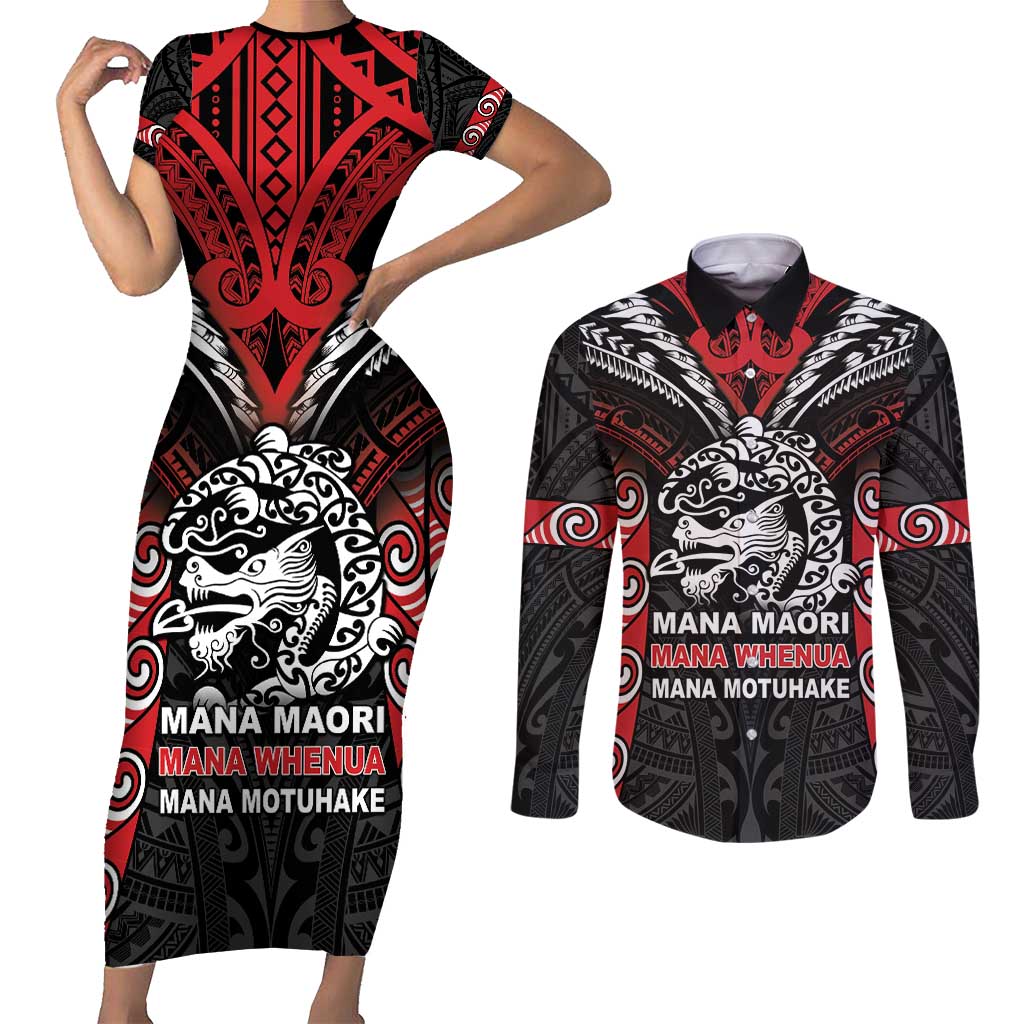 Aotearoa Mana Maori Couples Matching Short Sleeve Bodycon Dress and Long Sleeve Button Shirt Toitu Te Tiriti