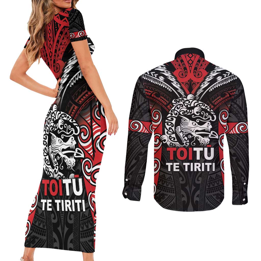 Aotearoa Mana Maori Couples Matching Short Sleeve Bodycon Dress and Long Sleeve Button Shirt Toitu Te Tiriti