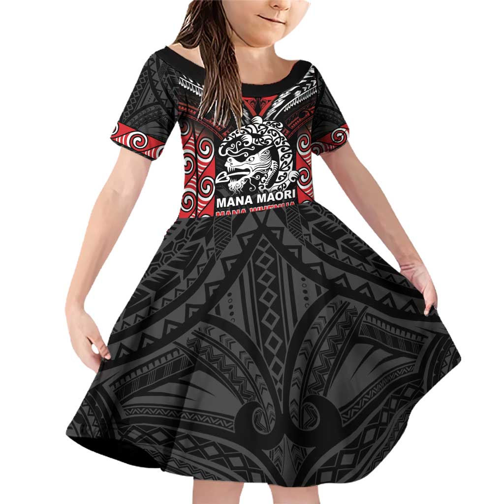 Aotearoa Mana Maori Family Matching Off Shoulder Short Dress and Hawaiian Shirt Toitu Te Tiriti LT05 Daughter's Dress Black - Polynesian Pride