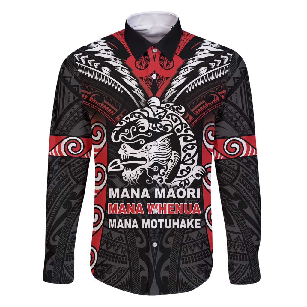 Aotearoa Mana Maori Family Matching Puletasi and Hawaiian Shirt Toitu Te Tiriti LT05 Dad's Shirt - Long Sleeve Black - Polynesian Pride