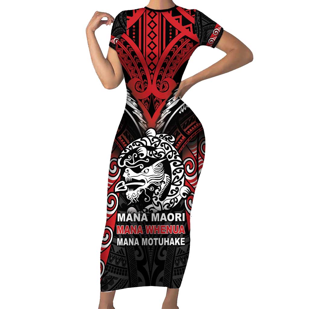 Aotearoa Mana Maori Family Matching Short Sleeve Bodycon Dress and Hawaiian Shirt Toitu Te Tiriti LT05 Mom's Dress Black - Polynesian Pride