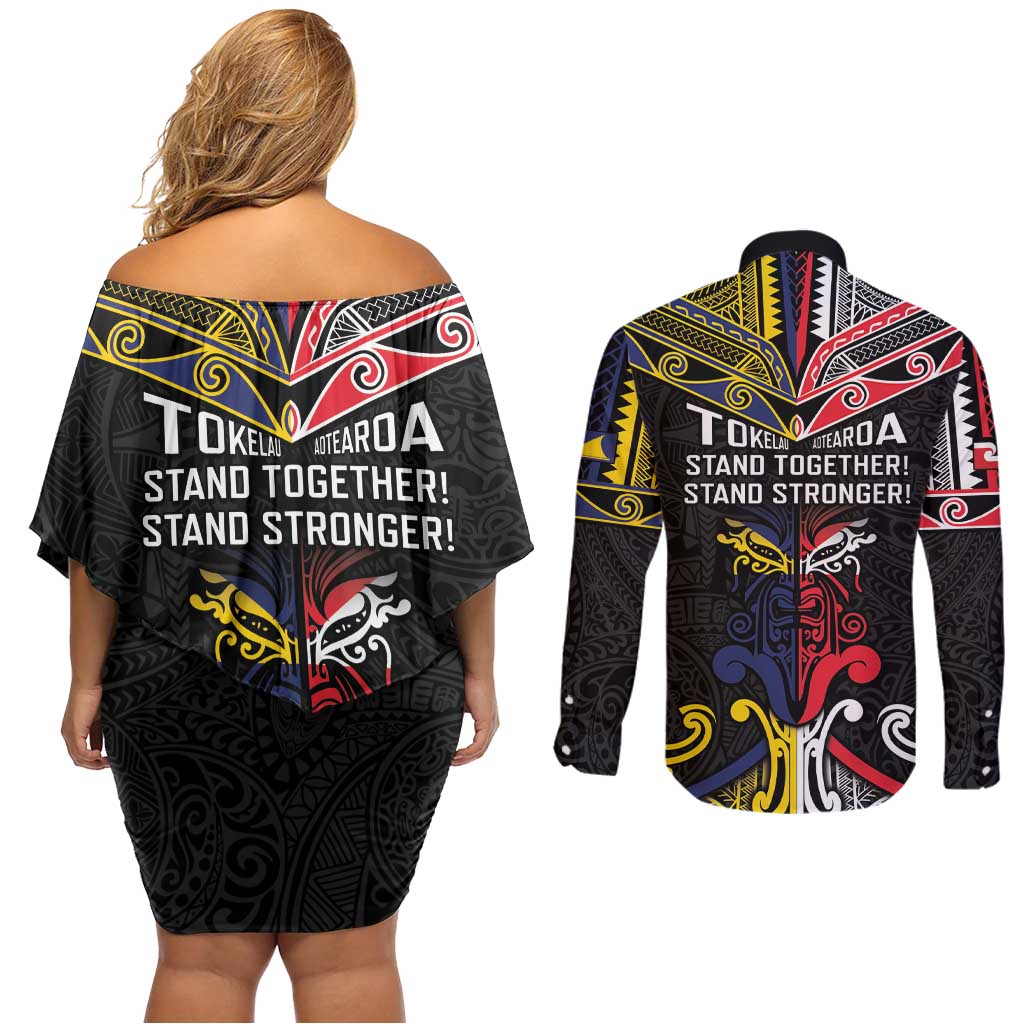 Tokelau And Aotearoa Couples Matching Off Shoulder Short Dress and Long Sleeve Button Shirt Together For Te Tiriti O Waitangi