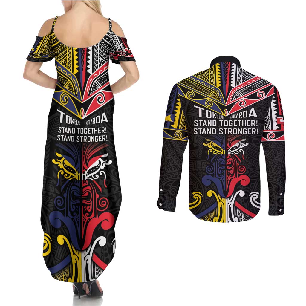 Tokelau And Aotearoa Couples Matching Summer Maxi Dress and Long Sleeve Button Shirt Together For Te Tiriti O Waitangi