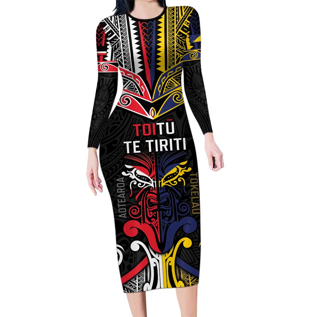 Tokelau And Aotearoa Family Matching Long Sleeve Bodycon Dress and Hawaiian Shirt Together For Te Tiriti O Waitangi LT05 Mom's Dress Black - Polynesian Pride