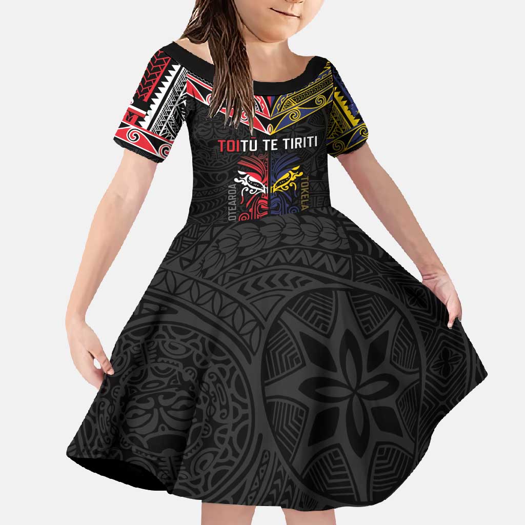 Tokelau And Aotearoa Family Matching Mermaid Dress and Hawaiian Shirt Together For Te Tiriti O Waitangi LT05 Daughter's Dress Black - Polynesian Pride