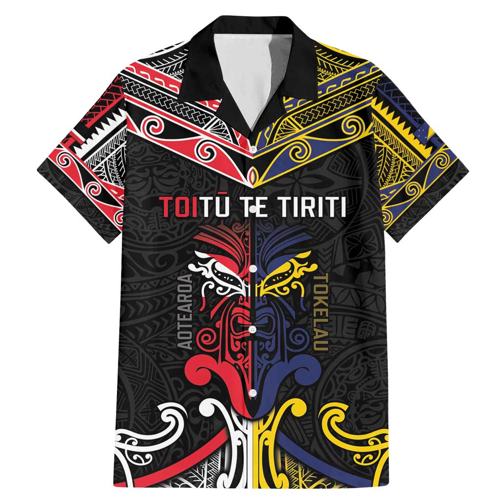 Tokelau And Aotearoa Family Matching Mermaid Dress and Hawaiian Shirt Together For Te Tiriti O Waitangi LT05 Dad's Shirt - Short Sleeve Black - Polynesian Pride