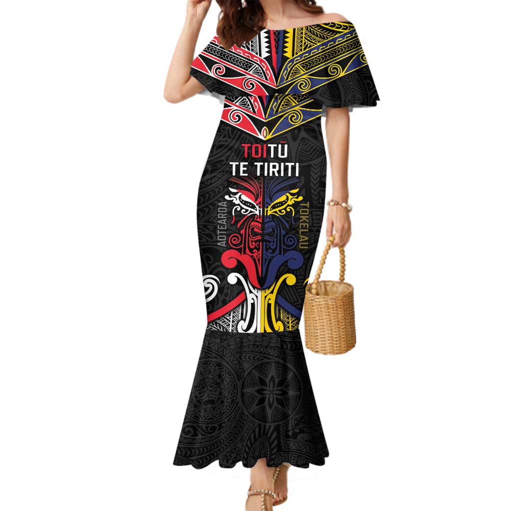 Tokelau And Aotearoa Family Matching Mermaid Dress and Hawaiian Shirt Together For Te Tiriti O Waitangi LT05 Mom's Dress Black - Polynesian Pride