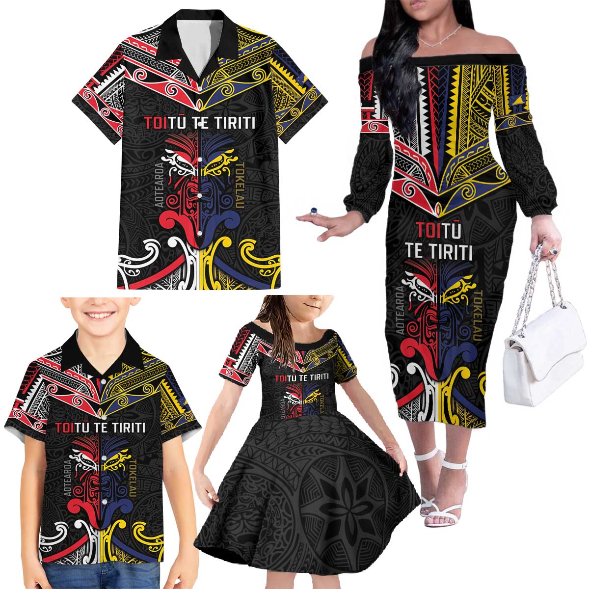 Tokelau And Aotearoa Family Matching Off The Shoulder Long Sleeve Dress and Hawaiian Shirt Together For Te Tiriti O Waitangi LT05 - Polynesian Pride