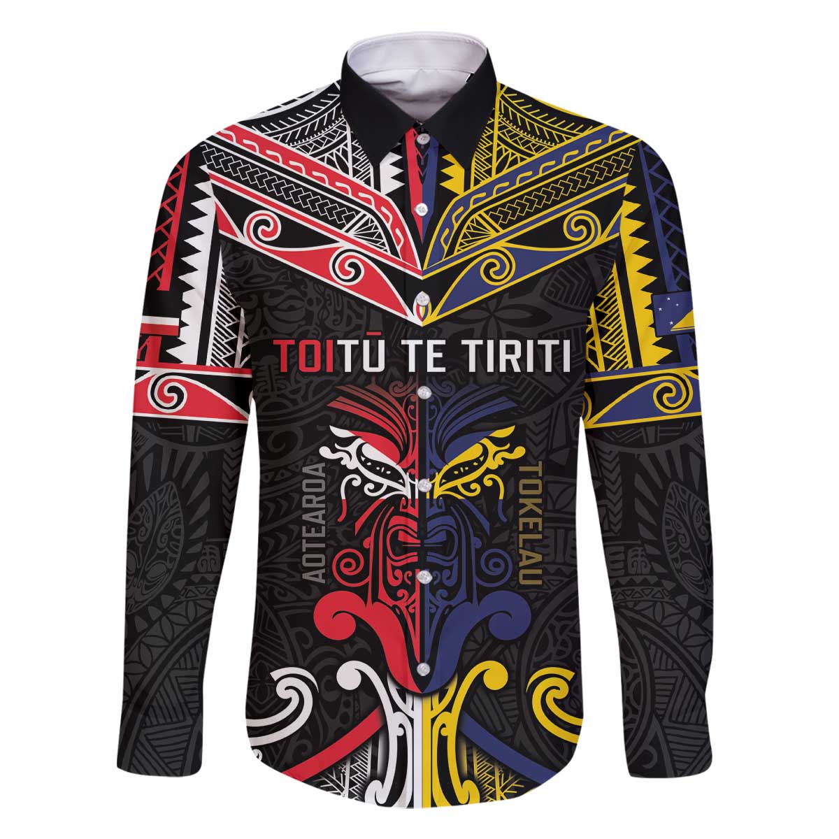 Tokelau And Aotearoa Family Matching Off The Shoulder Long Sleeve Dress and Hawaiian Shirt Together For Te Tiriti O Waitangi LT05 Dad's Shirt - Long Sleeve Black - Polynesian Pride