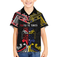 Tokelau And Aotearoa Family Matching Off The Shoulder Long Sleeve Dress and Hawaiian Shirt Together For Te Tiriti O Waitangi LT05 Son's Shirt Black - Polynesian Pride