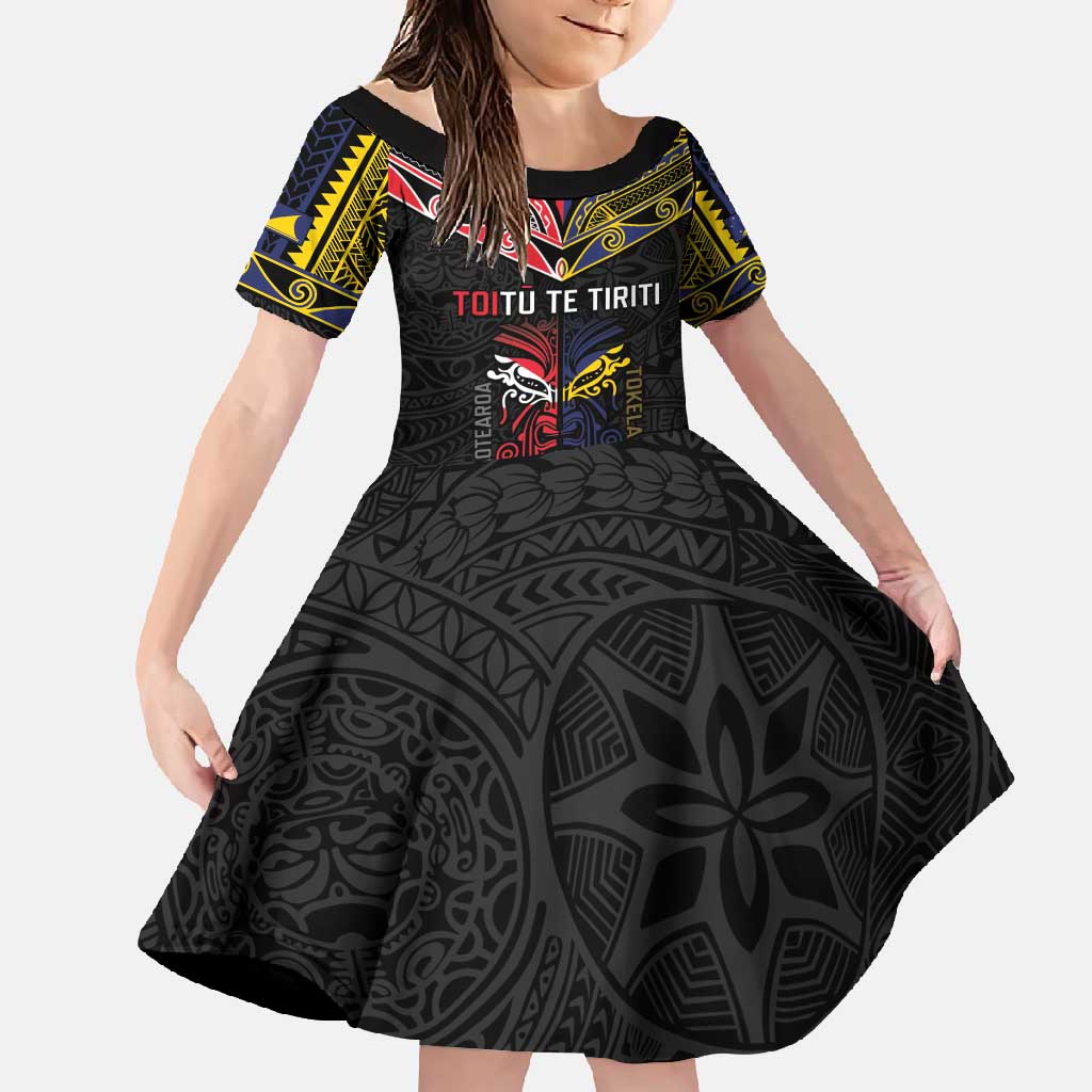 Tokelau And Aotearoa Family Matching Off Shoulder Maxi Dress and Hawaiian Shirt Together For Te Tiriti O Waitangi LT05 Daughter's Dress Black - Polynesian Pride