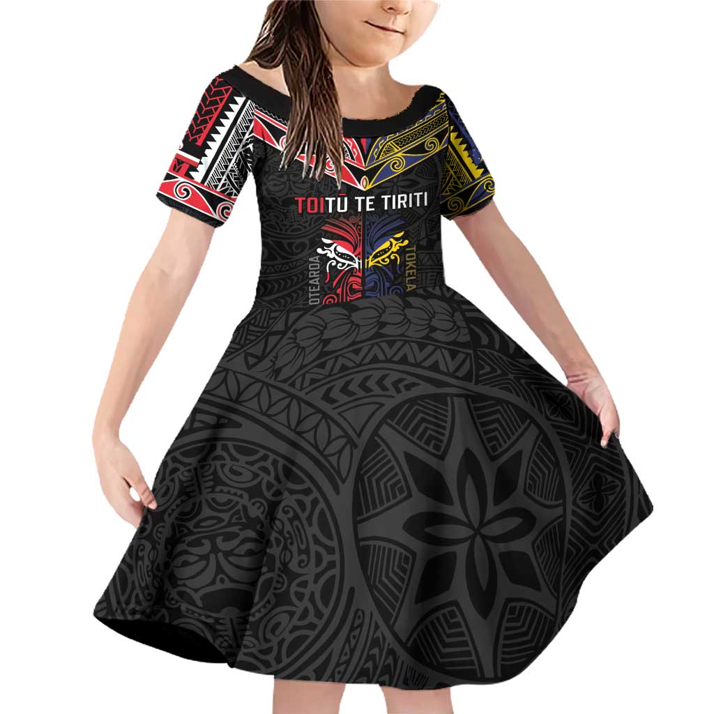 Tokelau And Aotearoa Family Matching Off Shoulder Short Dress and Hawaiian Shirt Together For Te Tiriti O Waitangi LT05 Daughter's Dress Black - Polynesian Pride