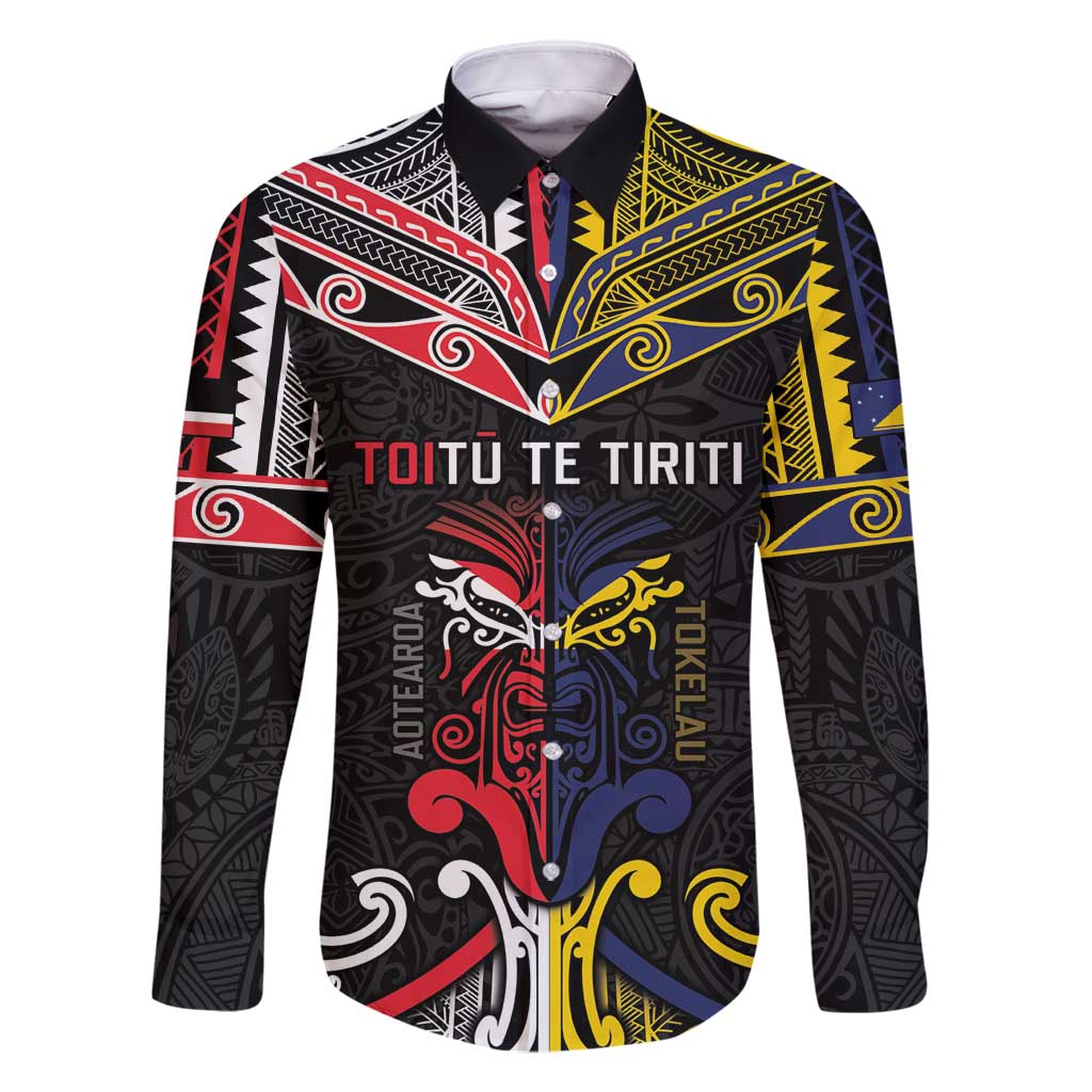 Tokelau And Aotearoa Family Matching Summer Maxi Dress and Hawaiian Shirt Together For Te Tiriti O Waitangi LT05 Dad's Shirt - Long Sleeve Black - Polynesian Pride