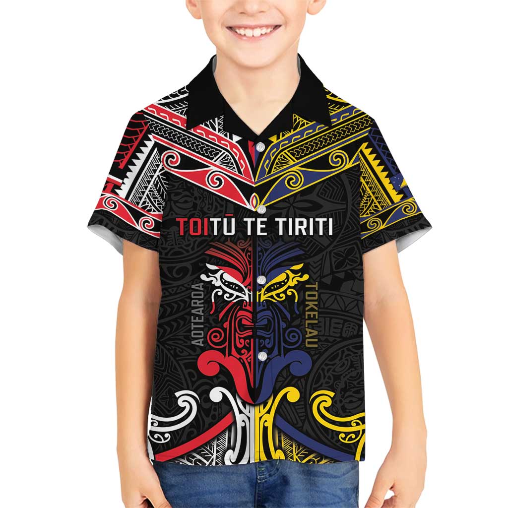 Tokelau And Aotearoa Family Matching Tank Maxi Dress and Hawaiian Shirt Together For Te Tiriti O Waitangi LT05 Son's Shirt Black - Polynesian Pride