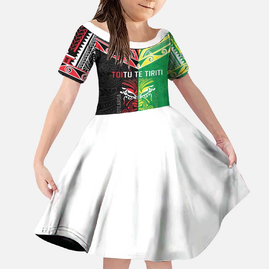 Cook Islands And Aotearoa Family Matching Long Sleeve Bodycon Dress and Hawaiian Shirt Together For Te Tiriti O Waitangi LT05 Daughter's Dress Black - Polynesian Pride