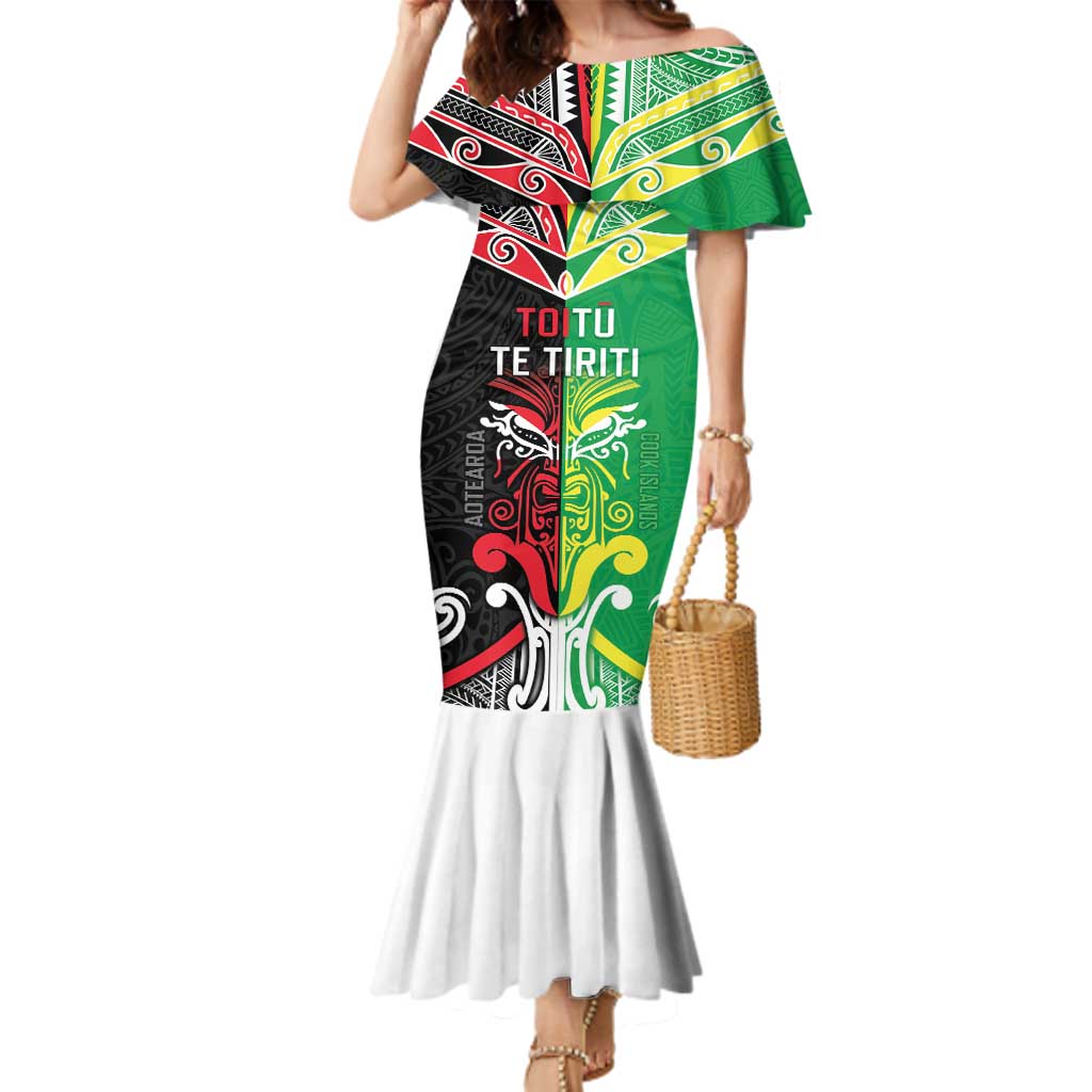 Cook Islands And Aotearoa Family Matching Mermaid Dress and Hawaiian Shirt Together For Te Tiriti O Waitangi LT05 Mom's Dress Black - Polynesian Pride