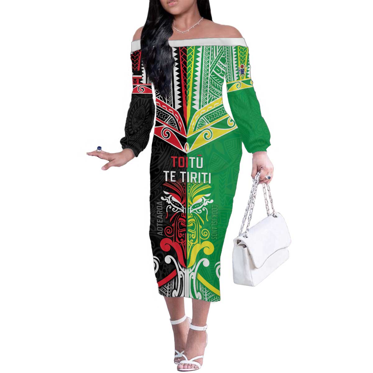 Cook Islands And Aotearoa Family Matching Off The Shoulder Long Sleeve Dress and Hawaiian Shirt Together For Te Tiriti O Waitangi LT05 Mom's Dress Black - Polynesian Pride