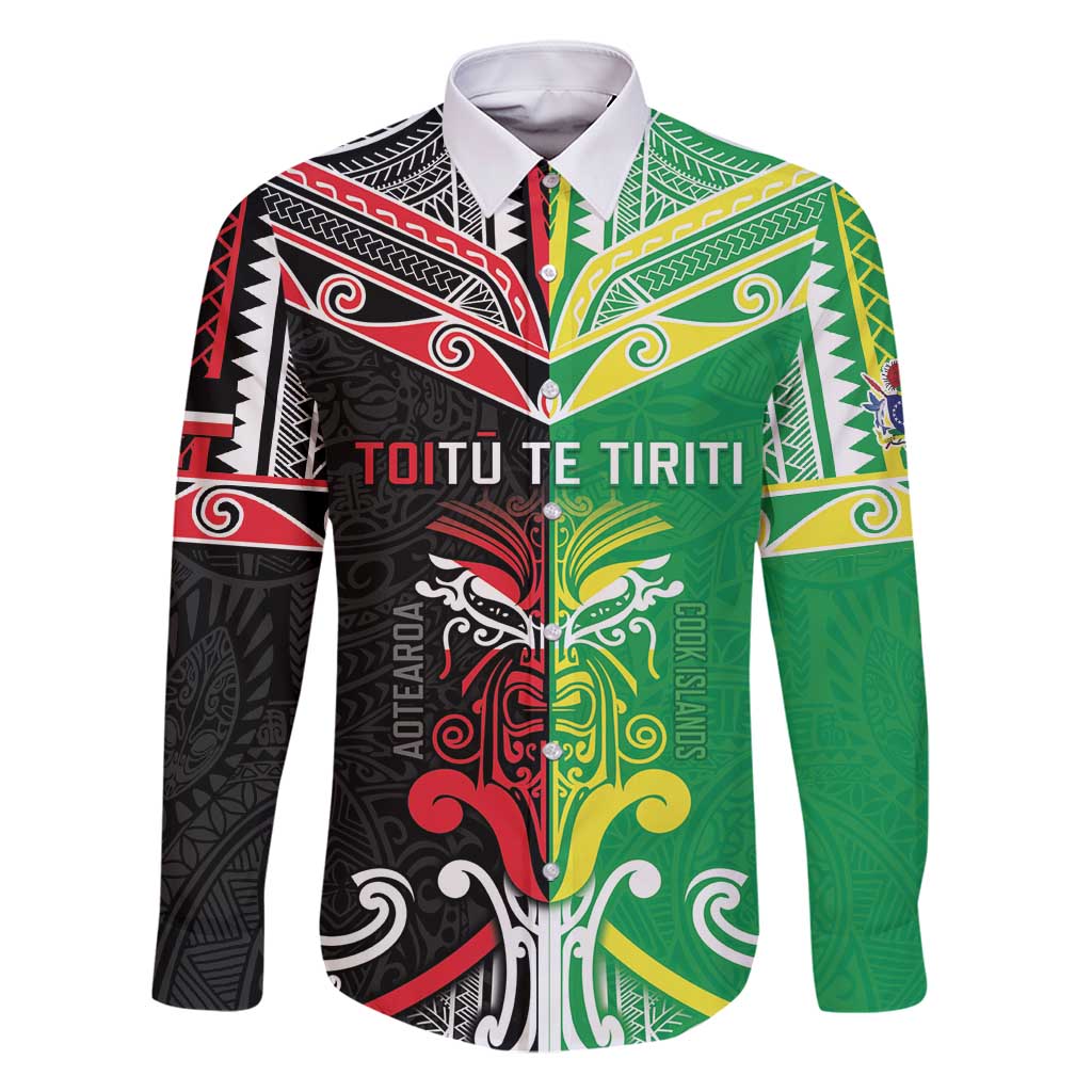 Cook Islands And Aotearoa Family Matching Off Shoulder Short Dress and Hawaiian Shirt Together For Te Tiriti O Waitangi LT05 Dad's Shirt - Long Sleeve Black - Polynesian Pride