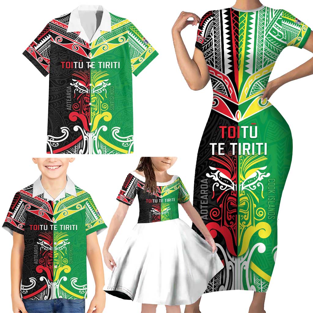 Cook Islands And Aotearoa Family Matching Short Sleeve Bodycon Dress and Hawaiian Shirt Together For Te Tiriti O Waitangi LT05 - Polynesian Pride