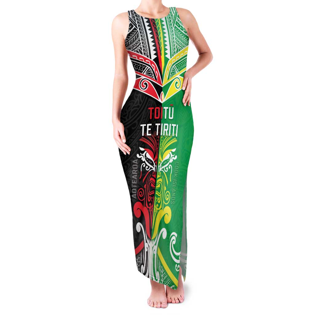 Cook Islands And Aotearoa Family Matching Tank Maxi Dress and Hawaiian Shirt Together For Te Tiriti O Waitangi LT05 Mom's Dress Black - Polynesian Pride