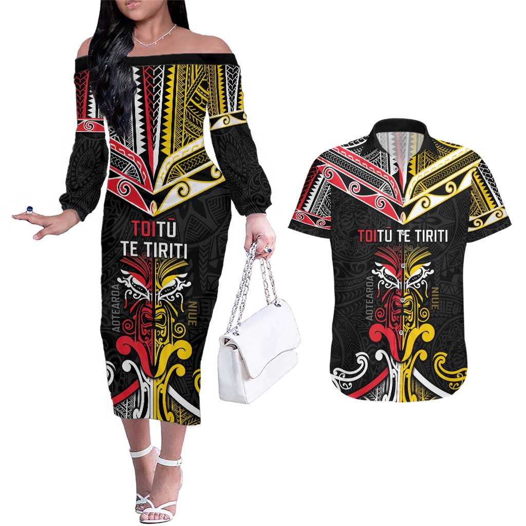 Niue And Aotearoa Couples Matching Off The Shoulder Long Sleeve Dress and Hawaiian Shirt Together For Te Tiriti O Waitangi LT05 Black - Polynesian Pride