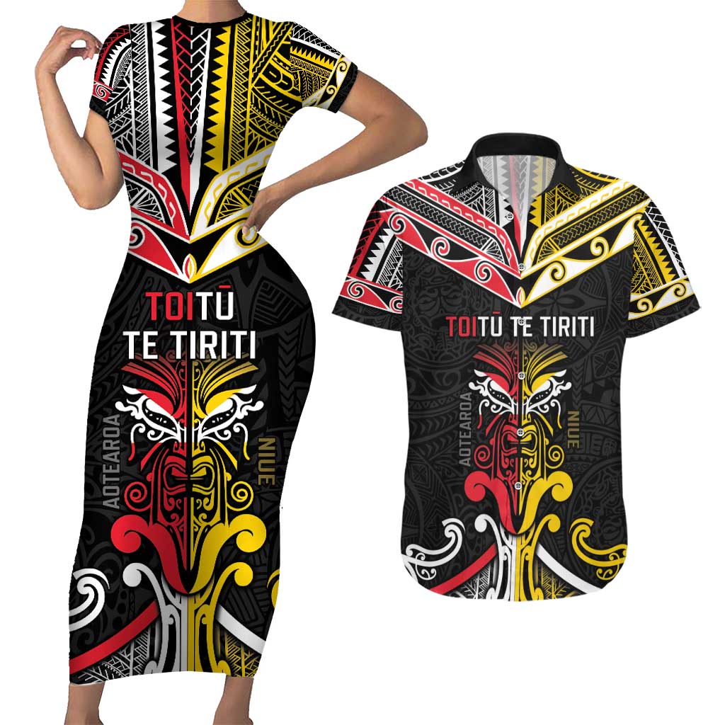 Niue And Aotearoa Couples Matching Short Sleeve Bodycon Dress and Hawaiian Shirt Together For Te Tiriti O Waitangi LT05 Black - Polynesian Pride