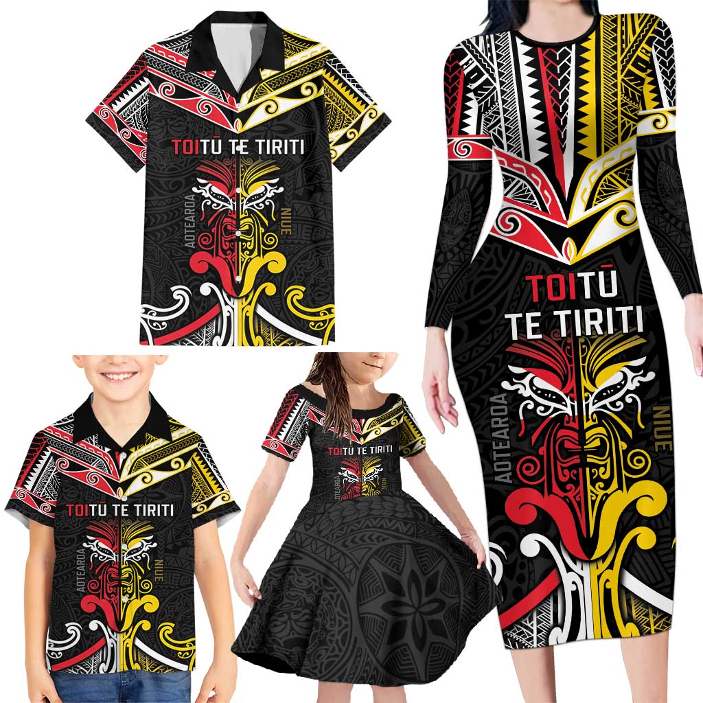 Niue And Aotearoa Family Matching Long Sleeve Bodycon Dress and Hawaiian Shirt Together For Te Tiriti O Waitangi LT05 - Polynesian Pride