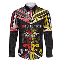 Niue And Aotearoa Family Matching Long Sleeve Bodycon Dress and Hawaiian Shirt Together For Te Tiriti O Waitangi LT05 Dad's Shirt - Long Sleeve Black - Polynesian Pride