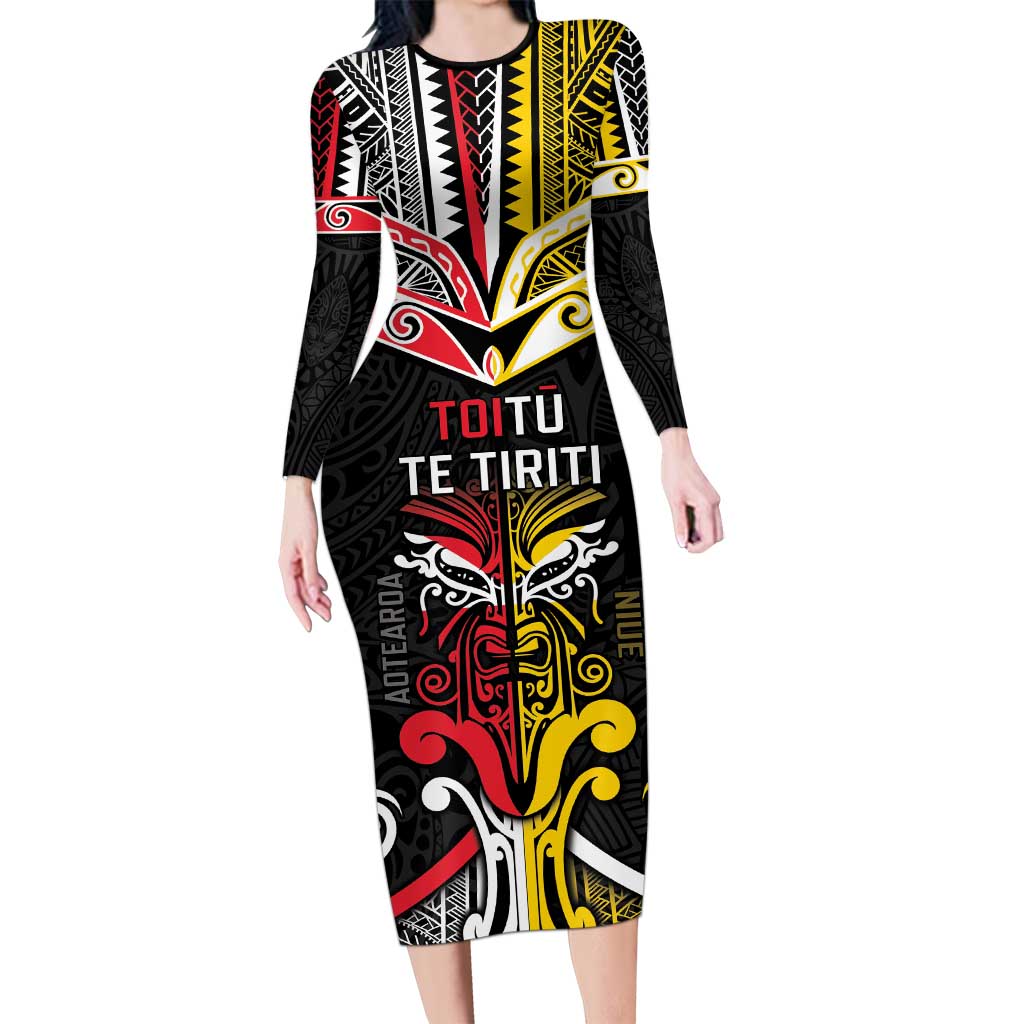 Niue And Aotearoa Family Matching Long Sleeve Bodycon Dress and Hawaiian Shirt Together For Te Tiriti O Waitangi LT05 Mom's Dress Black - Polynesian Pride
