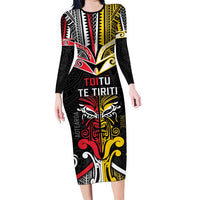 Niue And Aotearoa Family Matching Long Sleeve Bodycon Dress and Hawaiian Shirt Together For Te Tiriti O Waitangi LT05 Mom's Dress Black - Polynesian Pride