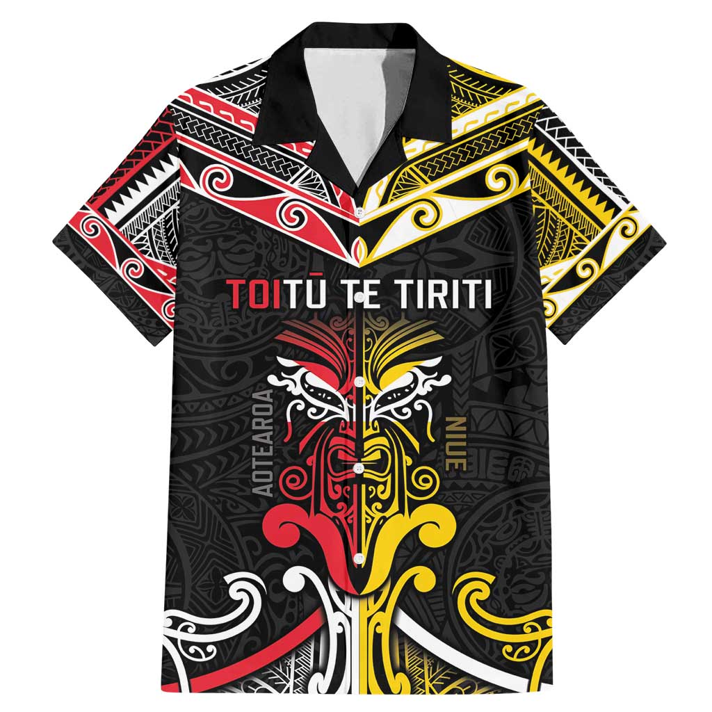 Niue And Aotearoa Family Matching Mermaid Dress and Hawaiian Shirt Together For Te Tiriti O Waitangi LT05 Dad's Shirt - Short Sleeve Black - Polynesian Pride