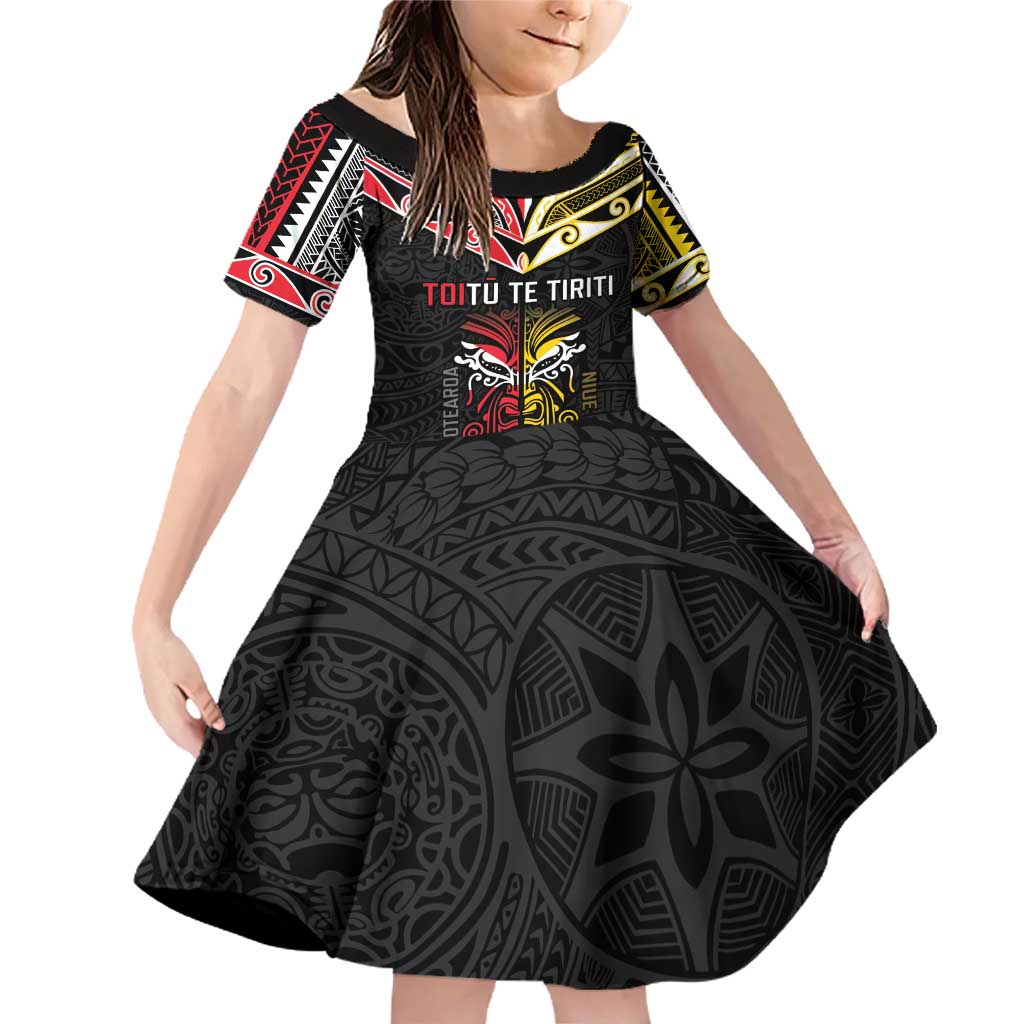 Niue And Aotearoa Family Matching Off Shoulder Short Dress and Hawaiian Shirt Together For Te Tiriti O Waitangi LT05 Daughter's Dress Black - Polynesian Pride