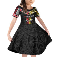 Niue And Aotearoa Family Matching Off Shoulder Short Dress and Hawaiian Shirt Together For Te Tiriti O Waitangi LT05 Daughter's Dress Black - Polynesian Pride