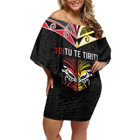 Niue And Aotearoa Family Matching Off Shoulder Short Dress and Hawaiian Shirt Together For Te Tiriti O Waitangi LT05 Mom's Dress Black - Polynesian Pride