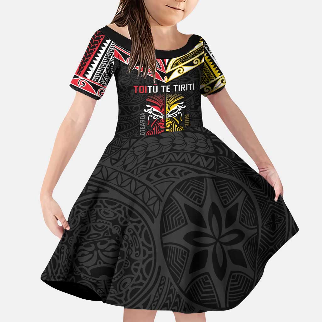 Niue And Aotearoa Family Matching Puletasi and Hawaiian Shirt Together For Te Tiriti O Waitangi LT05 Daughter's Dress Black - Polynesian Pride