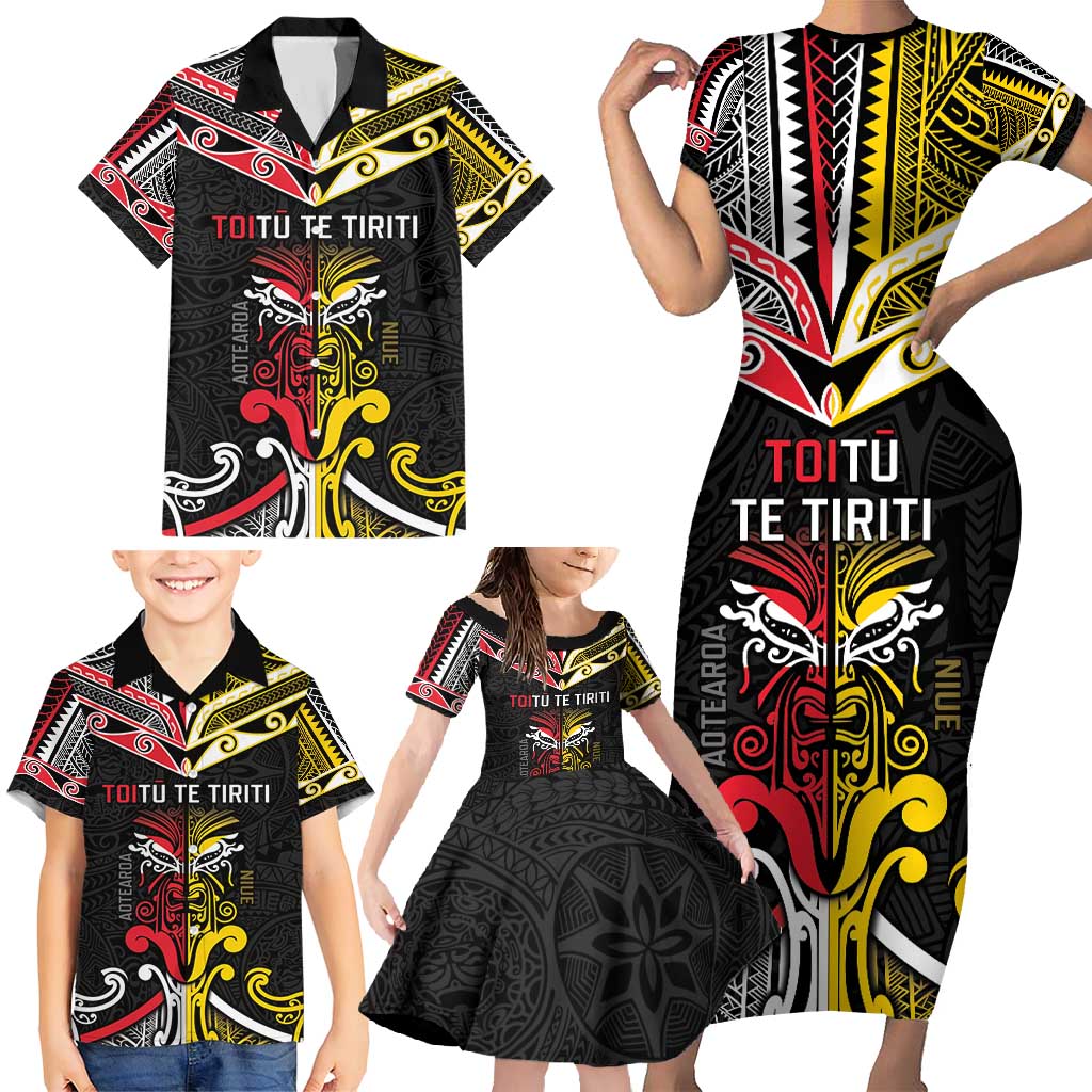 Niue And Aotearoa Family Matching Short Sleeve Bodycon Dress and Hawaiian Shirt Together For Te Tiriti O Waitangi LT05 - Polynesian Pride