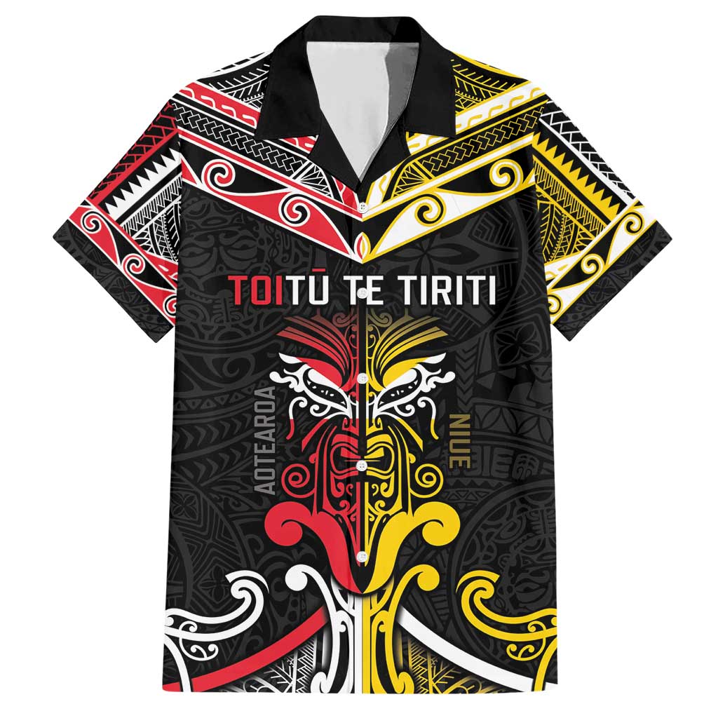 Niue And Aotearoa Family Matching Short Sleeve Bodycon Dress and Hawaiian Shirt Together For Te Tiriti O Waitangi LT05 Dad's Shirt - Short Sleeve Black - Polynesian Pride