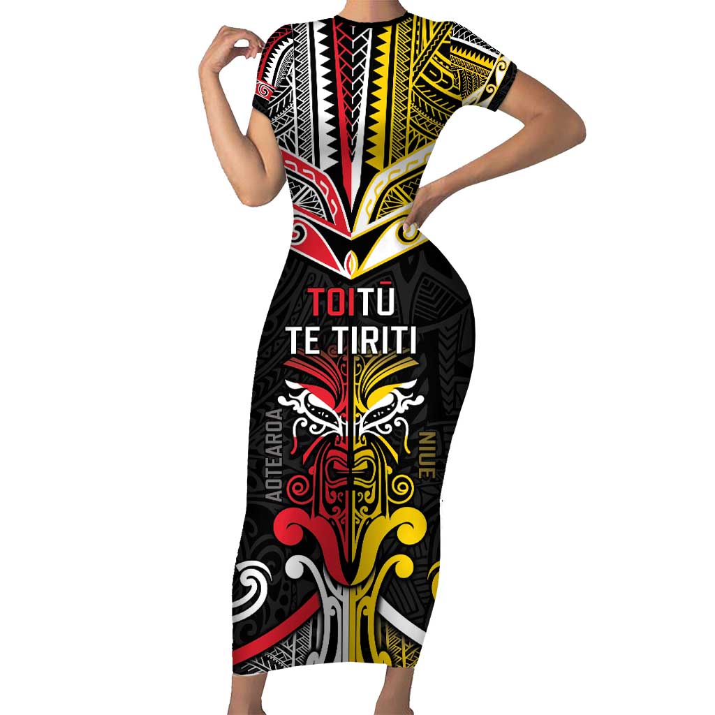 Niue And Aotearoa Family Matching Short Sleeve Bodycon Dress and Hawaiian Shirt Together For Te Tiriti O Waitangi LT05 Mom's Dress Black - Polynesian Pride