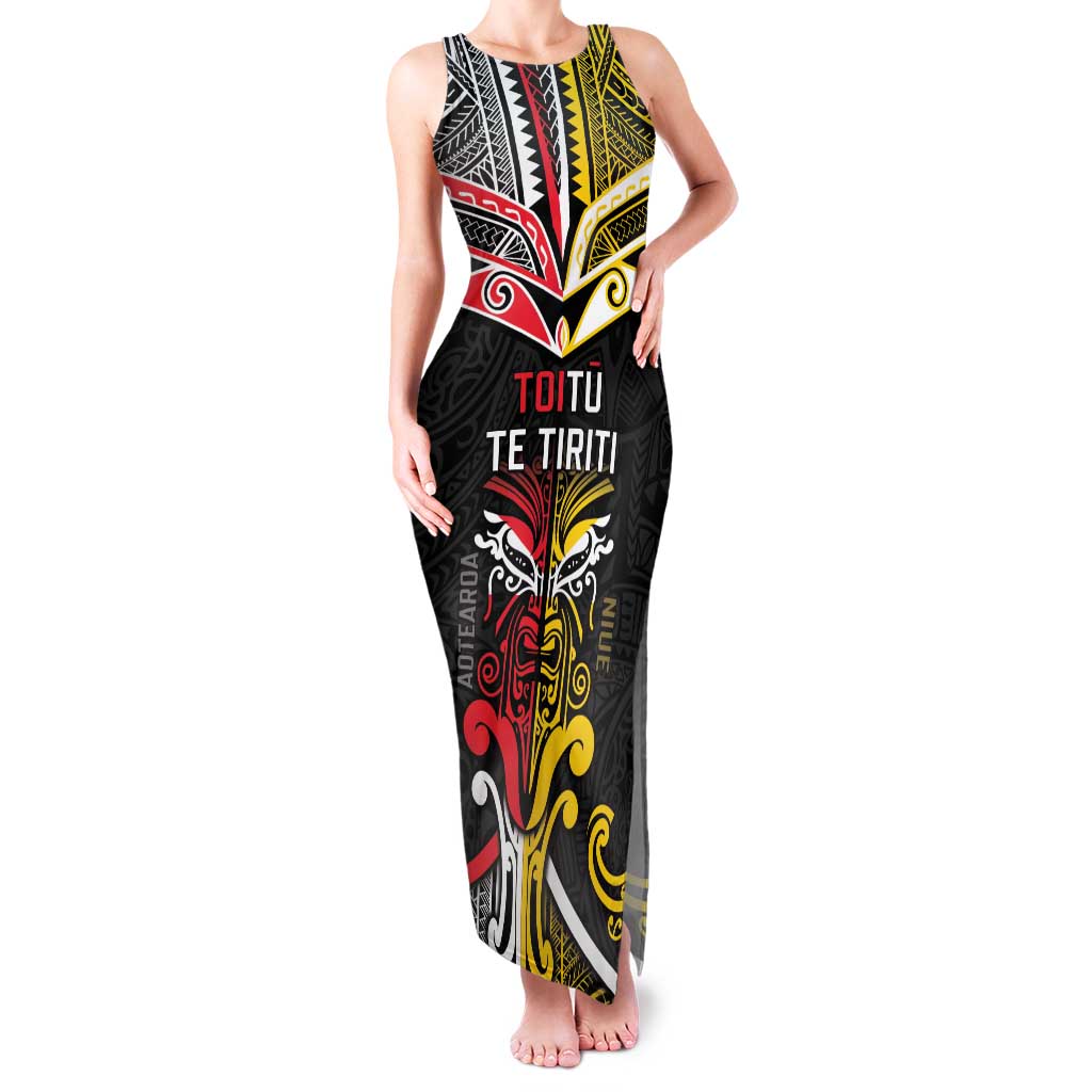 Niue And Aotearoa Family Matching Tank Maxi Dress and Hawaiian Shirt Together For Te Tiriti O Waitangi LT05 Mom's Dress Black - Polynesian Pride