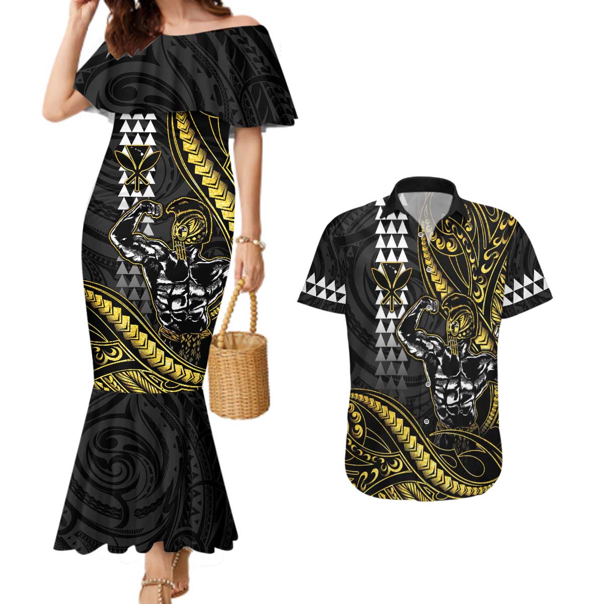 Hawaii Ikaika Warrior Helmet Couples Matching Mermaid Dress and Hawaiian Shirt Gold Style LT05 Gold - Polynesian Pride