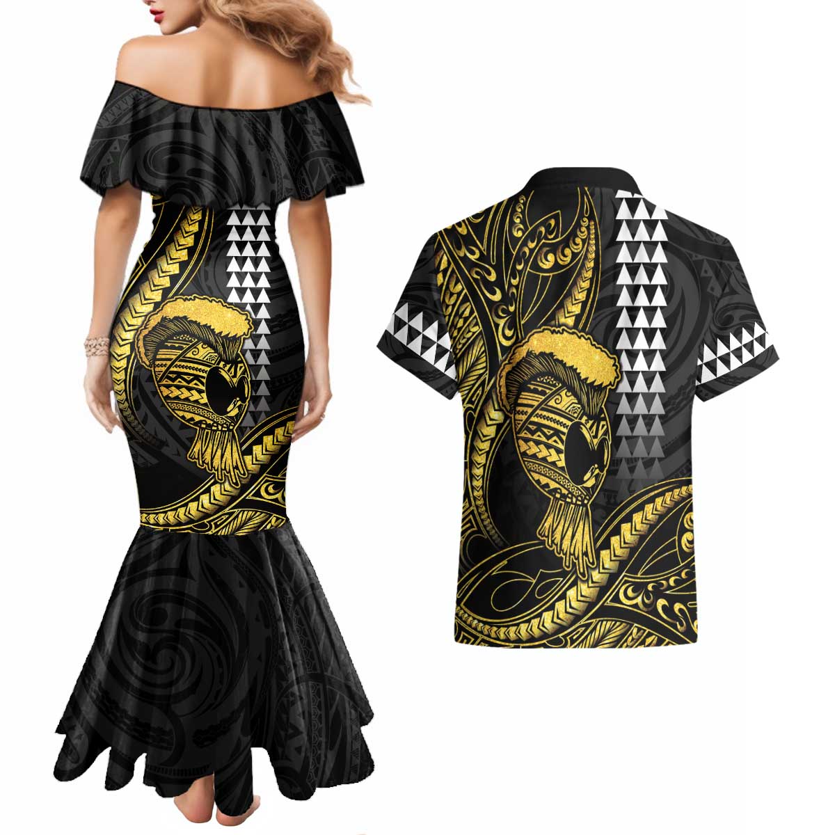 Hawaii Ikaika Warrior Helmet Couples Matching Mermaid Dress and Hawaiian Shirt Gold Style