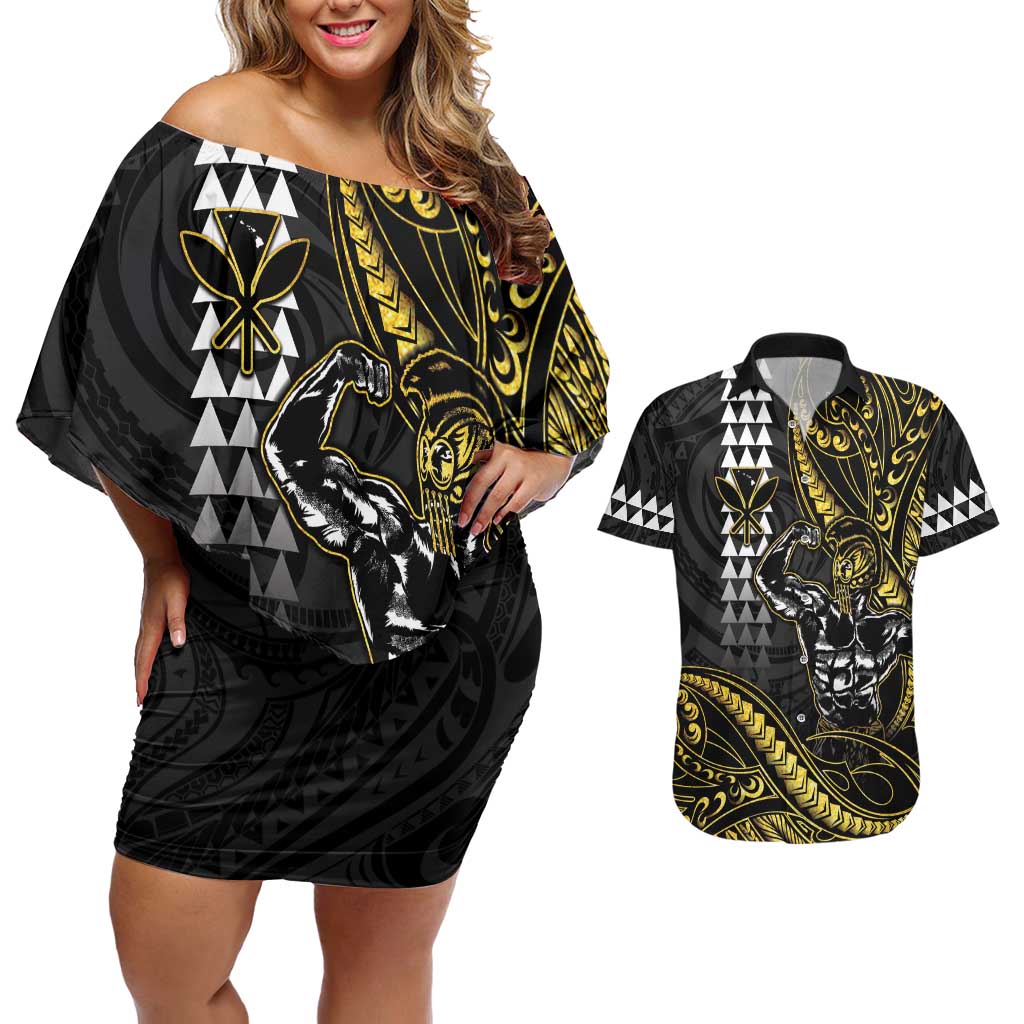 Hawaii Ikaika Warrior Helmet Couples Matching Off Shoulder Short Dress and Hawaiian Shirt Gold Style LT05 Gold - Polynesian Pride