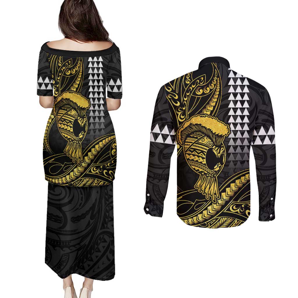 Hawaii Ikaika Warrior Helmet Couples Matching Puletasi and Long Sleeve Button Shirt Gold Style LT05 - Polynesian Pride