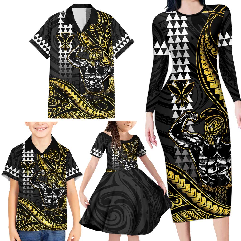 Hawaii Ikaika Warrior Helmet Family Matching Long Sleeve Bodycon Dress and Hawaiian Shirt Gold Style LT05 - Polynesian Pride