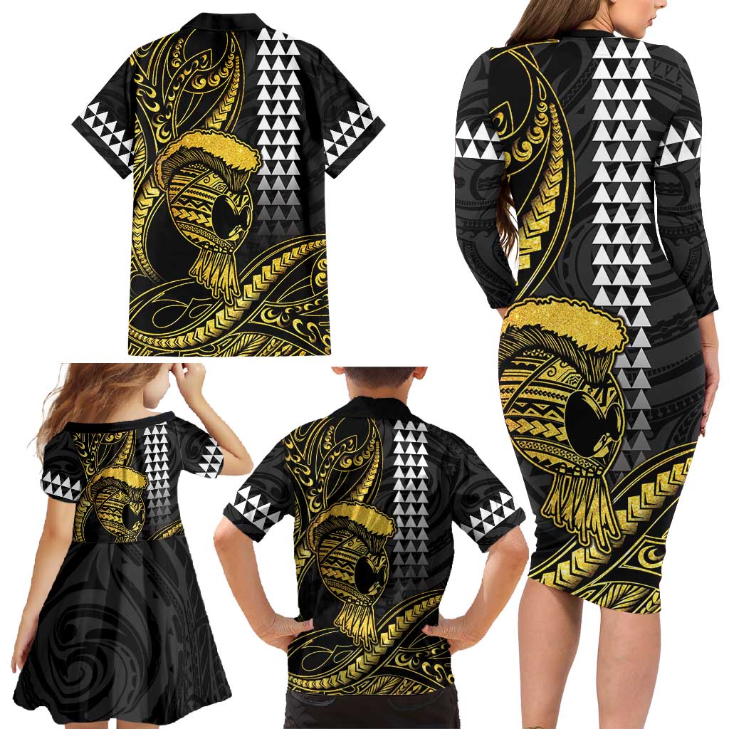 Hawaii Ikaika Warrior Helmet Family Matching Long Sleeve Bodycon Dress and Hawaiian Shirt Gold Style LT05 - Polynesian Pride
