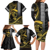 Hawaii Ikaika Warrior Helmet Family Matching Long Sleeve Bodycon Dress and Hawaiian Shirt Gold Style LT05 - Polynesian Pride