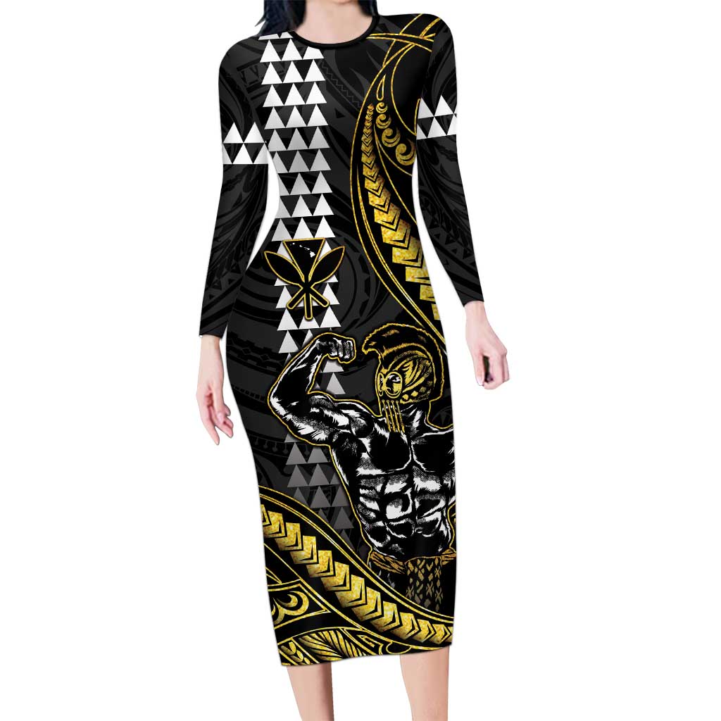 Hawaii Ikaika Warrior Helmet Family Matching Long Sleeve Bodycon Dress and Hawaiian Shirt Gold Style LT05 Mom's Dress Gold - Polynesian Pride